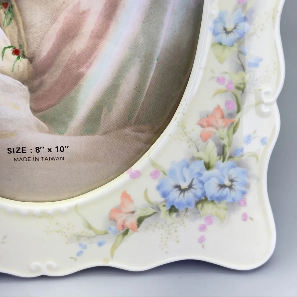 Vintage Cream and Blue Picture Frame with Floral Accents